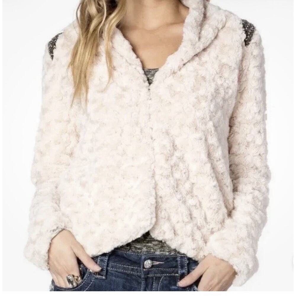 MISS ME Coat Jacket Large Envy Me Cream Luminous Faux Fur Bead Trim Sz M